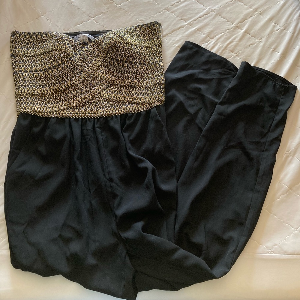 Chic Black and Gold Strapless Jumpsuit